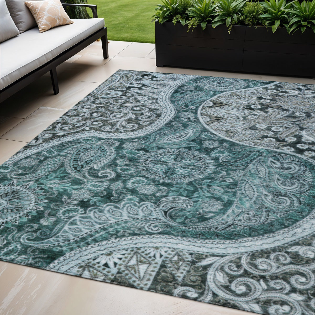 5 X 8 Teal Blue And Dark Green Floral Medallion Washable Indoor Outdoor Area Rug