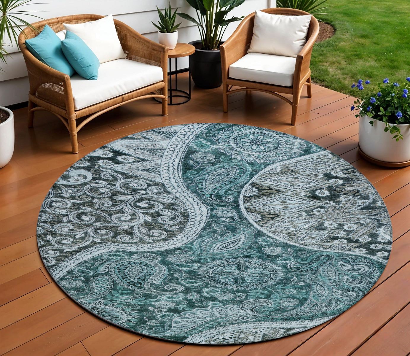 8 Teal Blue And Dark Green Round Floral Medallion Washable Indoor Outdoor Area Rug