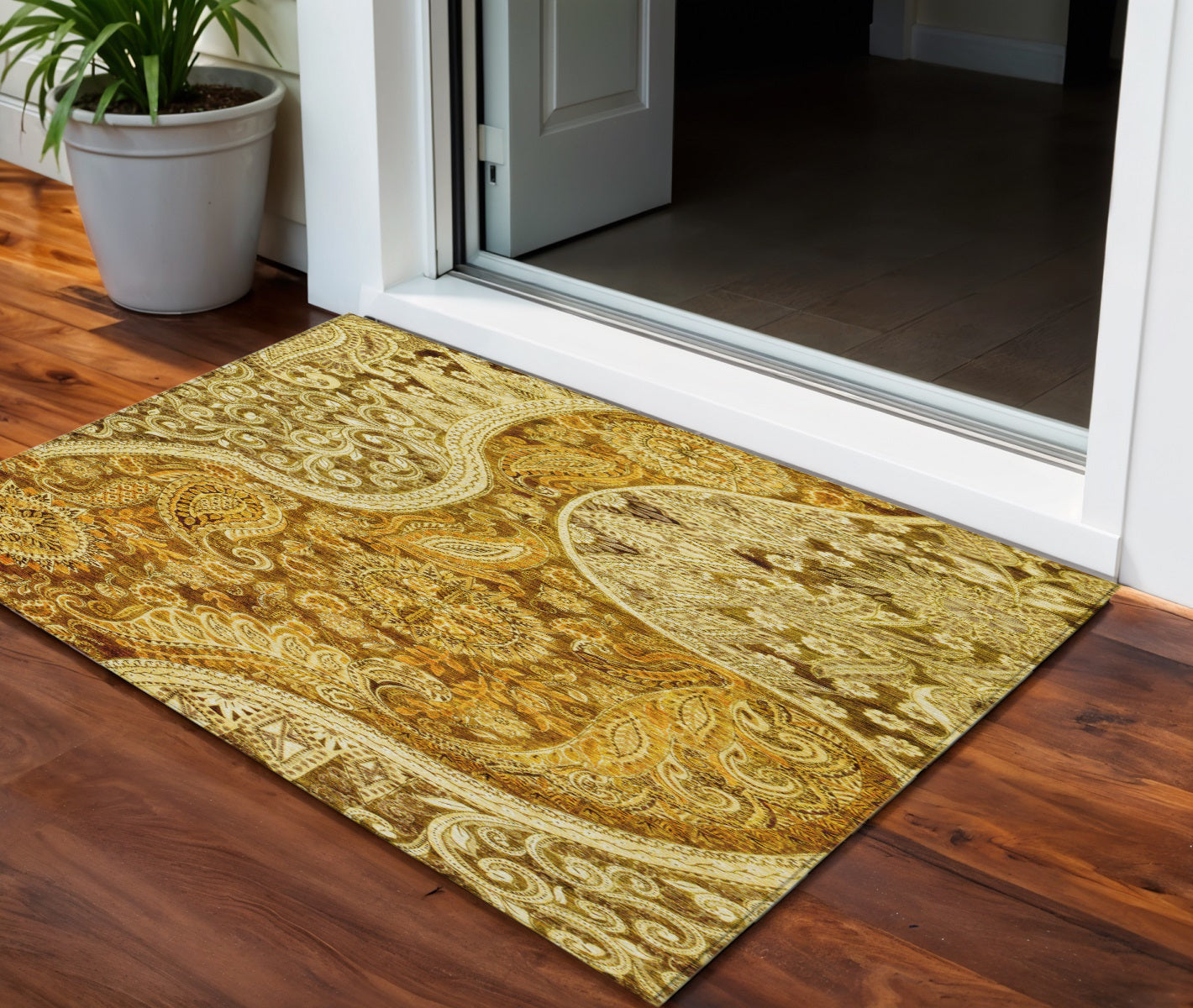 3 X 5 Terra Cotta Brown And Gold Floral Medallion Washable Indoor Outdoor Area Rug
