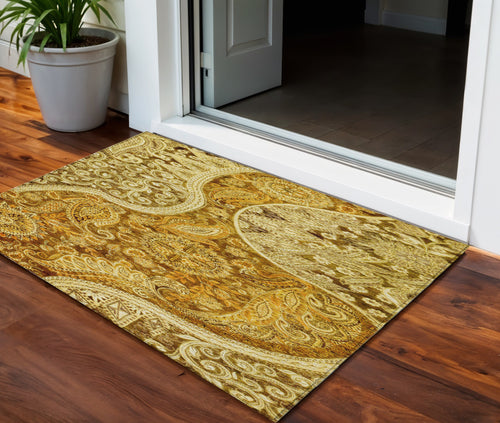 3 X 5 Terra Cotta Brown And Gold Floral Medallion Washable Indoor Outdoor Area Rug