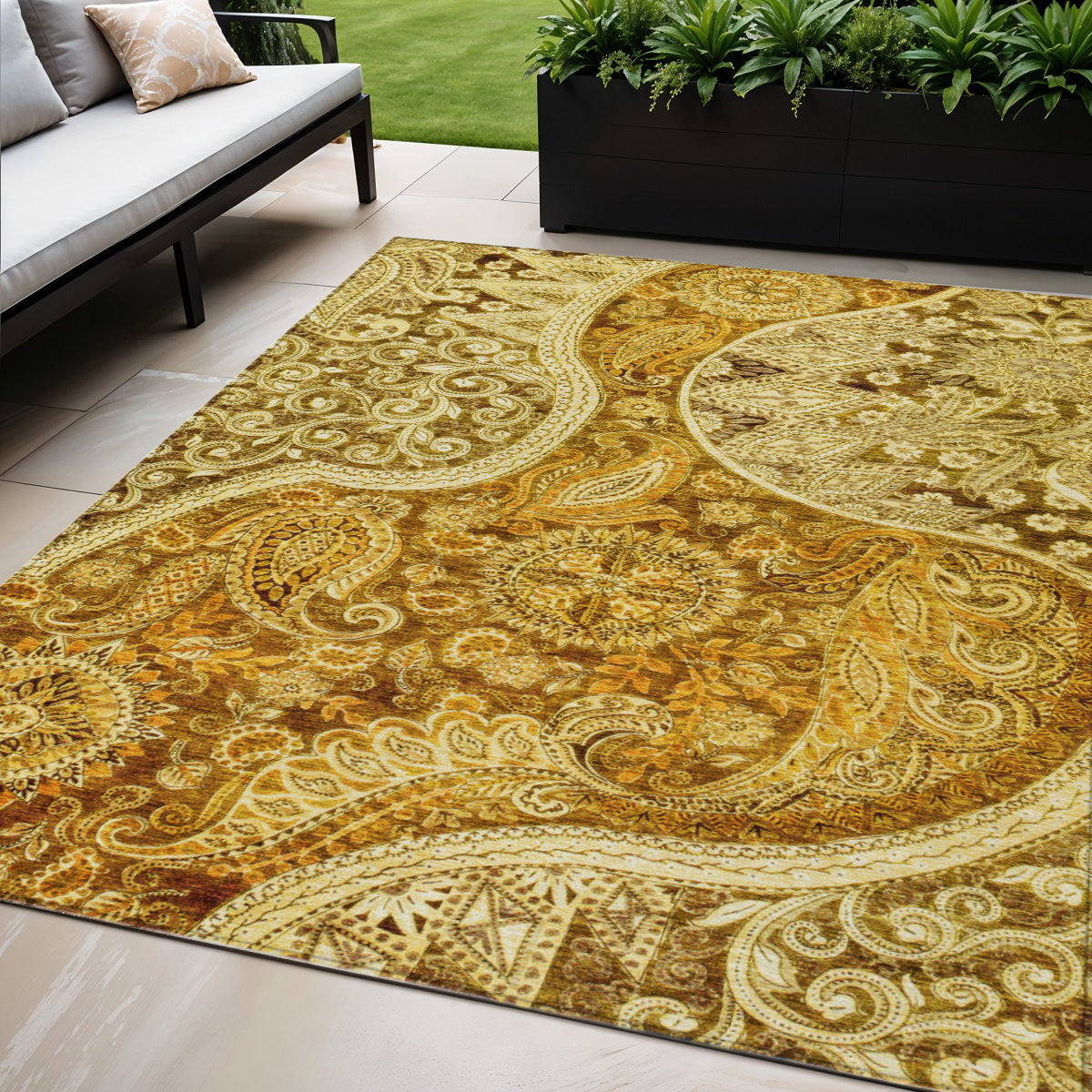 5 X 8 Terra Cotta Brown And Gold Floral Medallion Washable Indoor Outdoor Area Rug