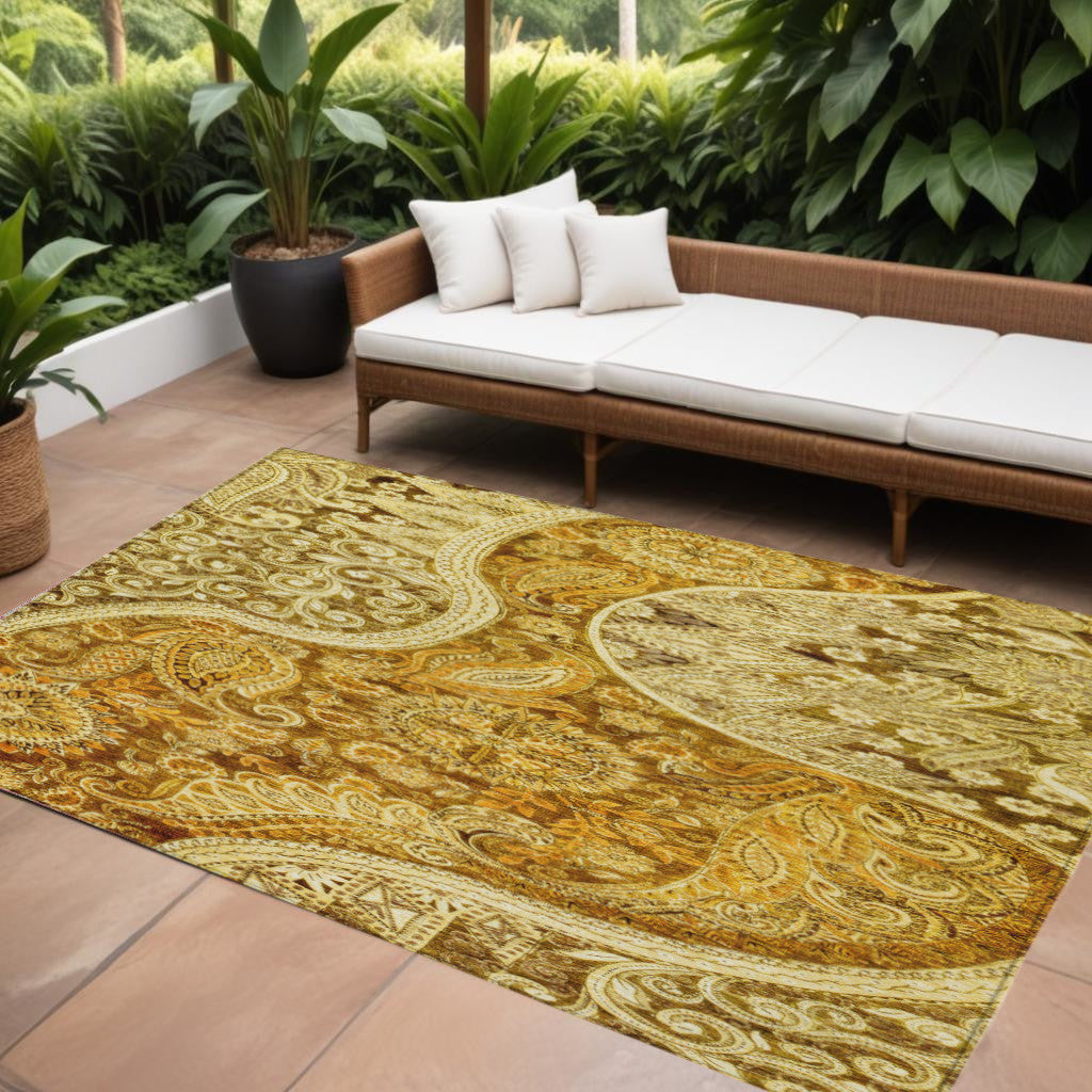 8 X 10 Terra Cotta Brown And Gold Floral Medallion Washable Indoor Outdoor Area Rug