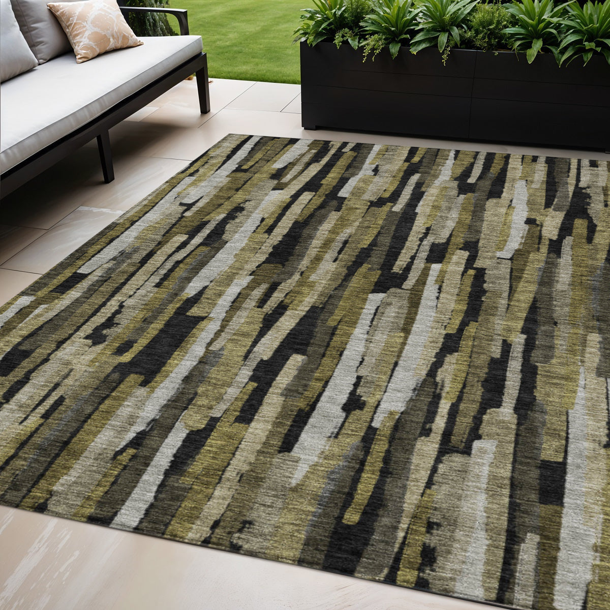 5 X 8 Brown Black And Green Striped Washable Indoor Outdoor Area Rug