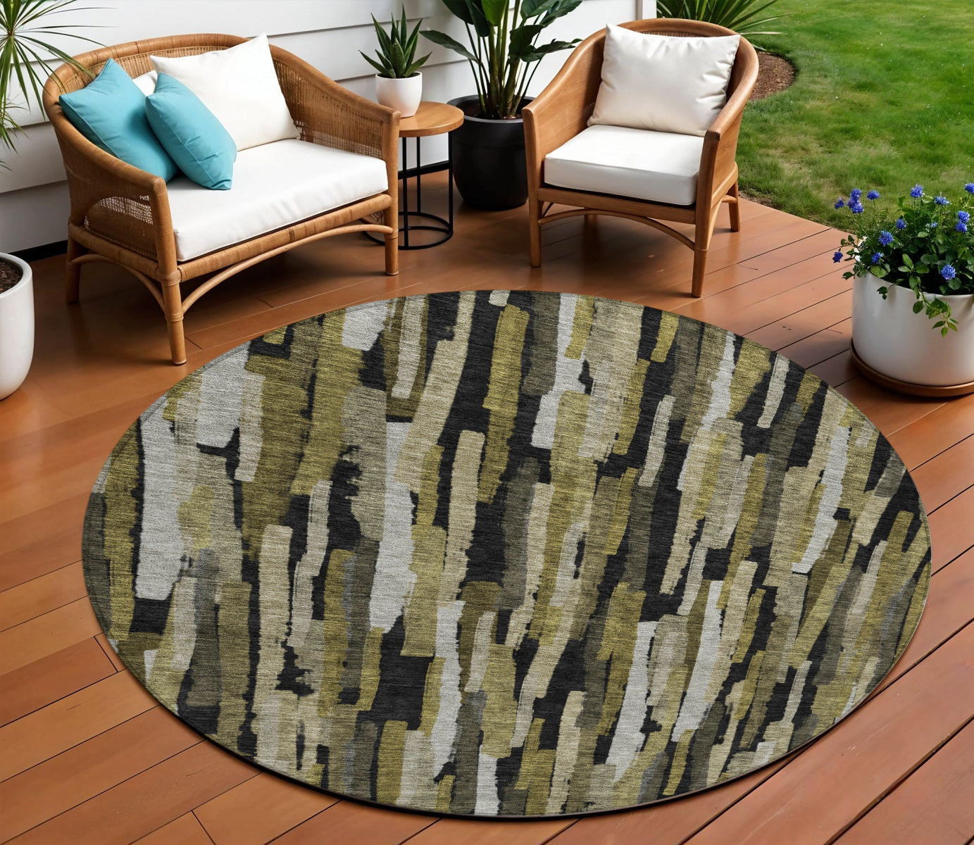 8 Brown Black And Green Round Striped Washable Indoor Outdoor Area Rug