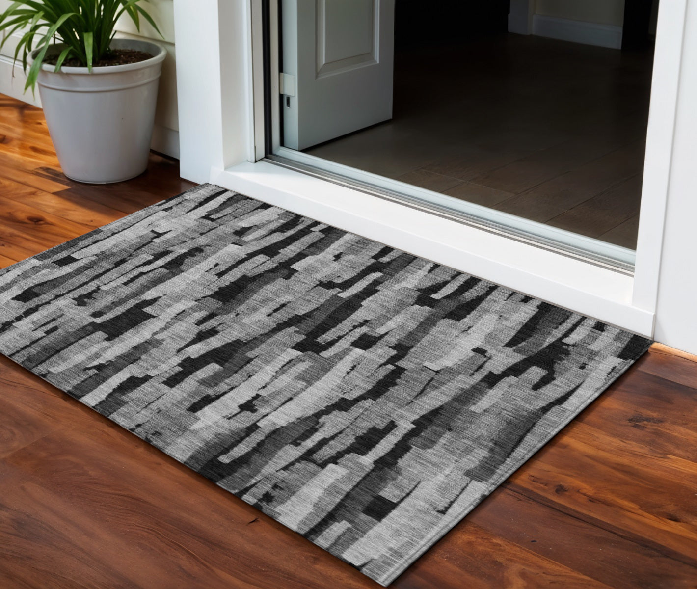 3 X 5 Gray And Black Striped Washable Indoor Outdoor Area Rug