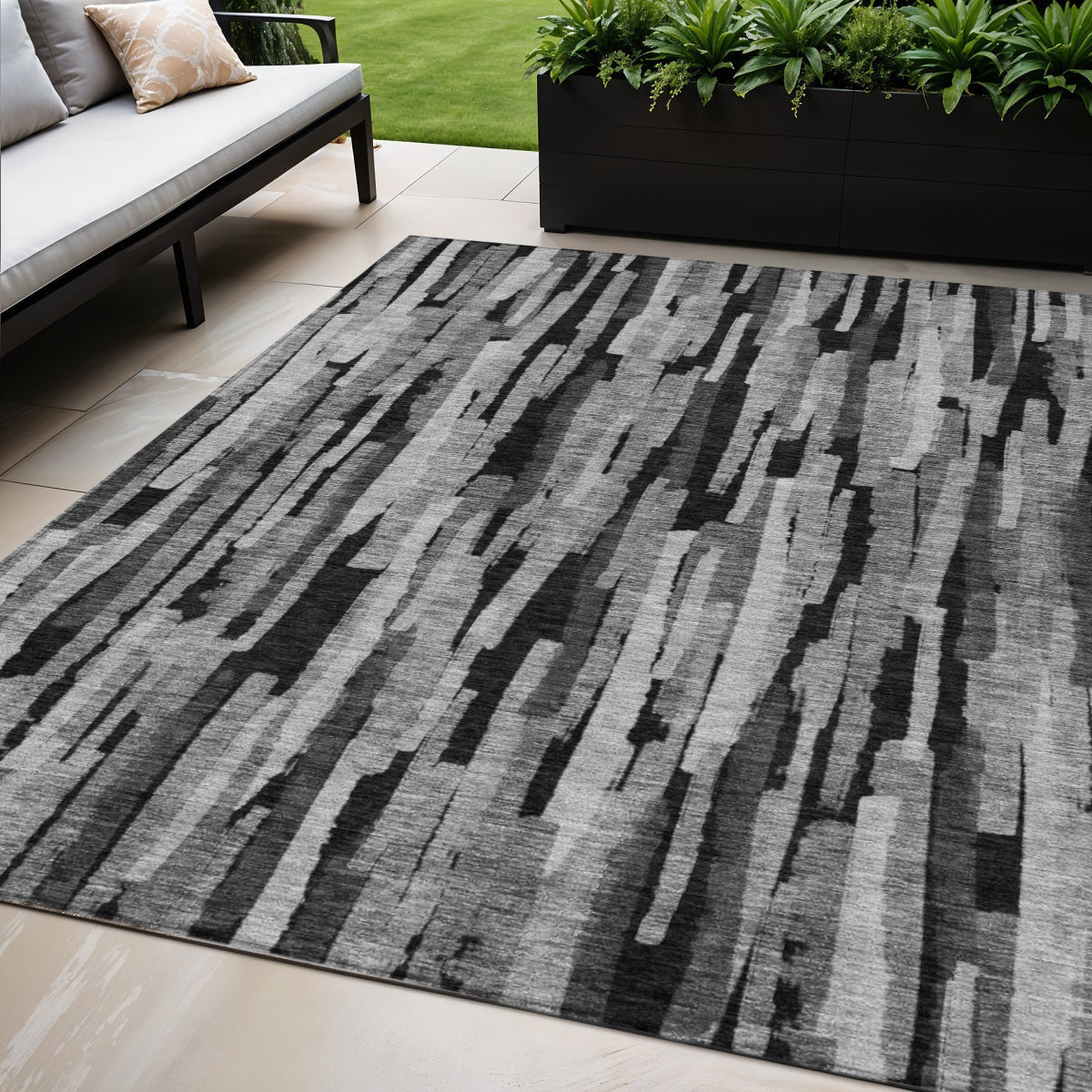5 X 8 Gray And Black Striped Washable Indoor Outdoor Area Rug