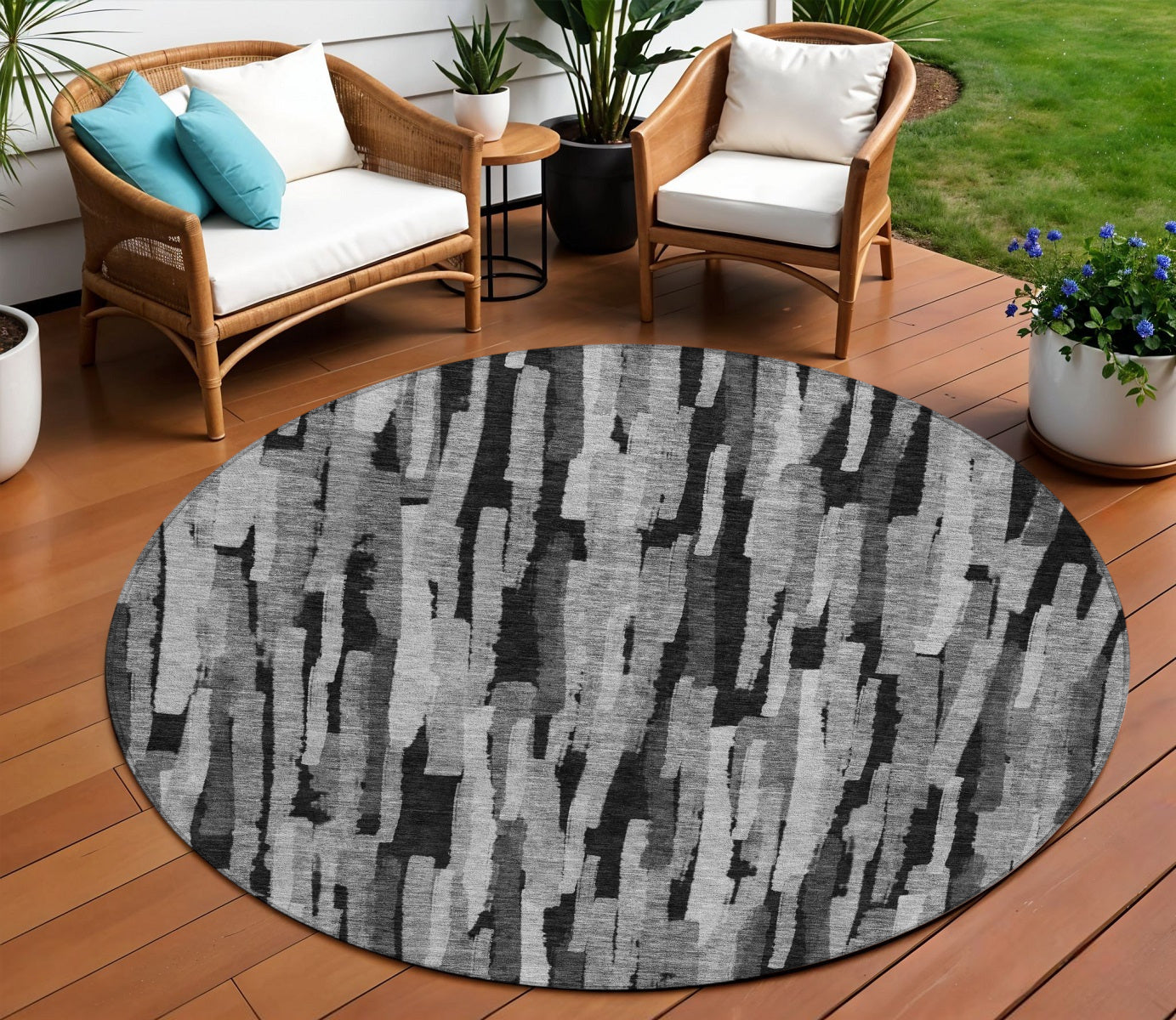 8 Gray And Black Round Striped Washable Indoor Outdoor Area Rug