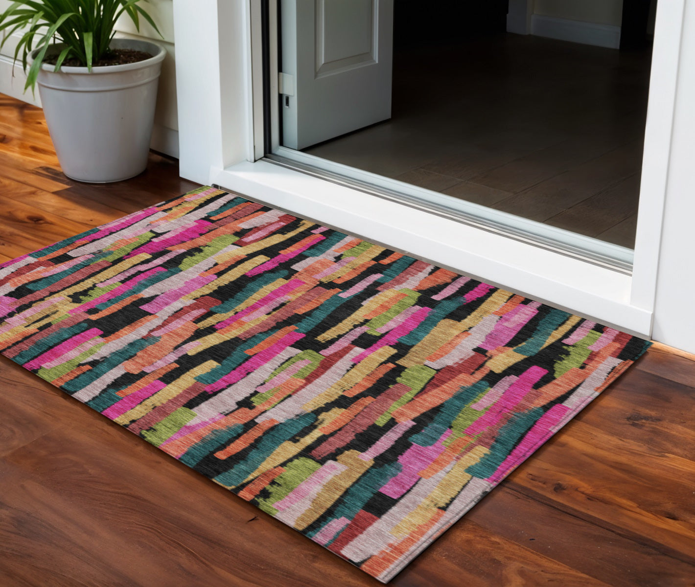 3 X 5 Pink Black And Green Striped Washable Indoor Outdoor Area Rug