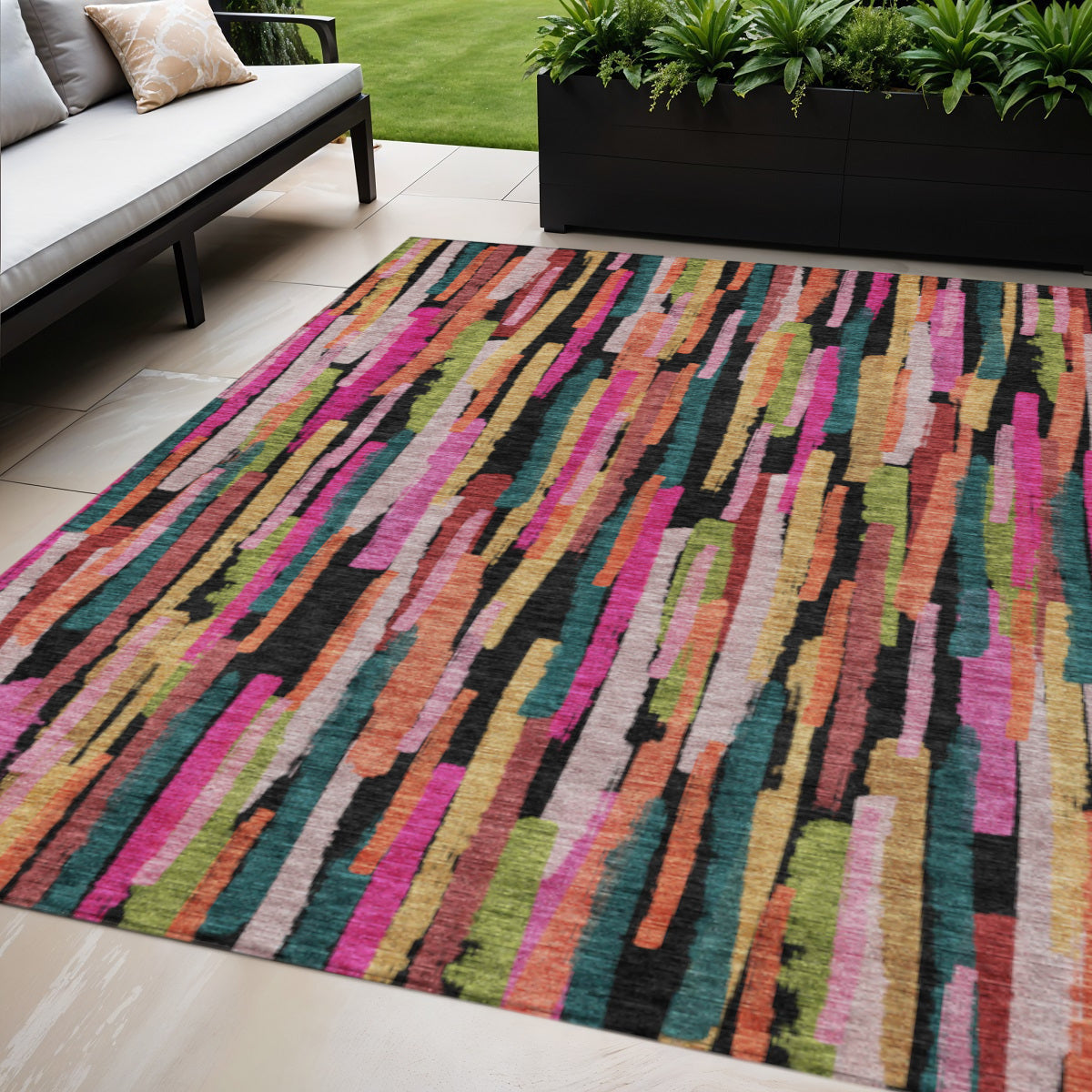 5 X 8 Pink Black And Green Striped Washable Indoor Outdoor Area Rug