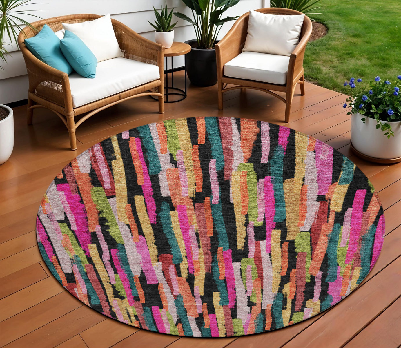 8 Pink Black And Green Round Striped Washable Indoor Outdoor Area Rug