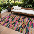 10 X 14 Pink Black And Green Striped Washable Indoor Outdoor Area Rug