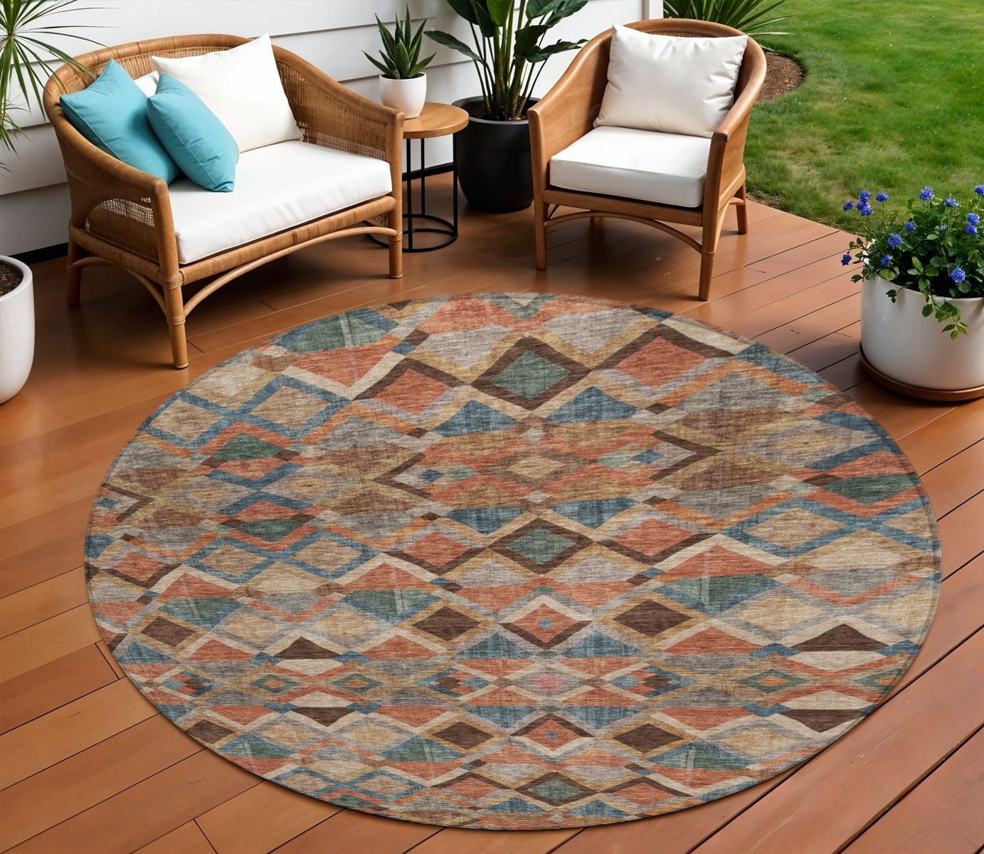 8 Brown Gray And Tan Round Geometric Washable Indoor Outdoor Area Rug
