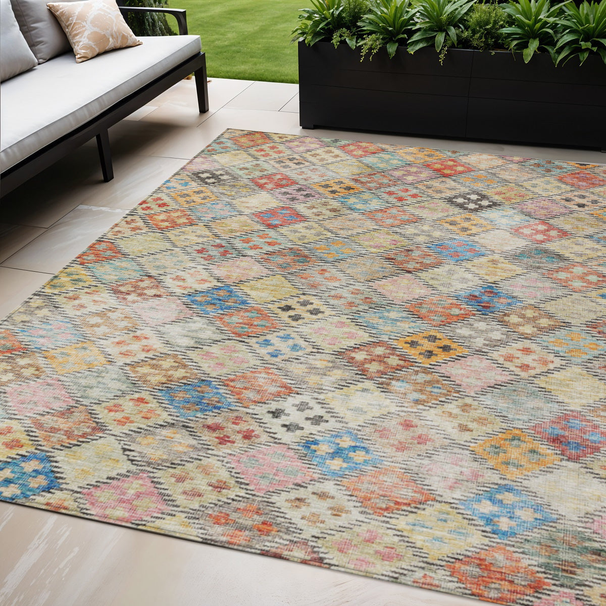 5 X 8 Terra Cotta Beige And Teal Blue Geometric Washable Indoor Outdoor Area Rug