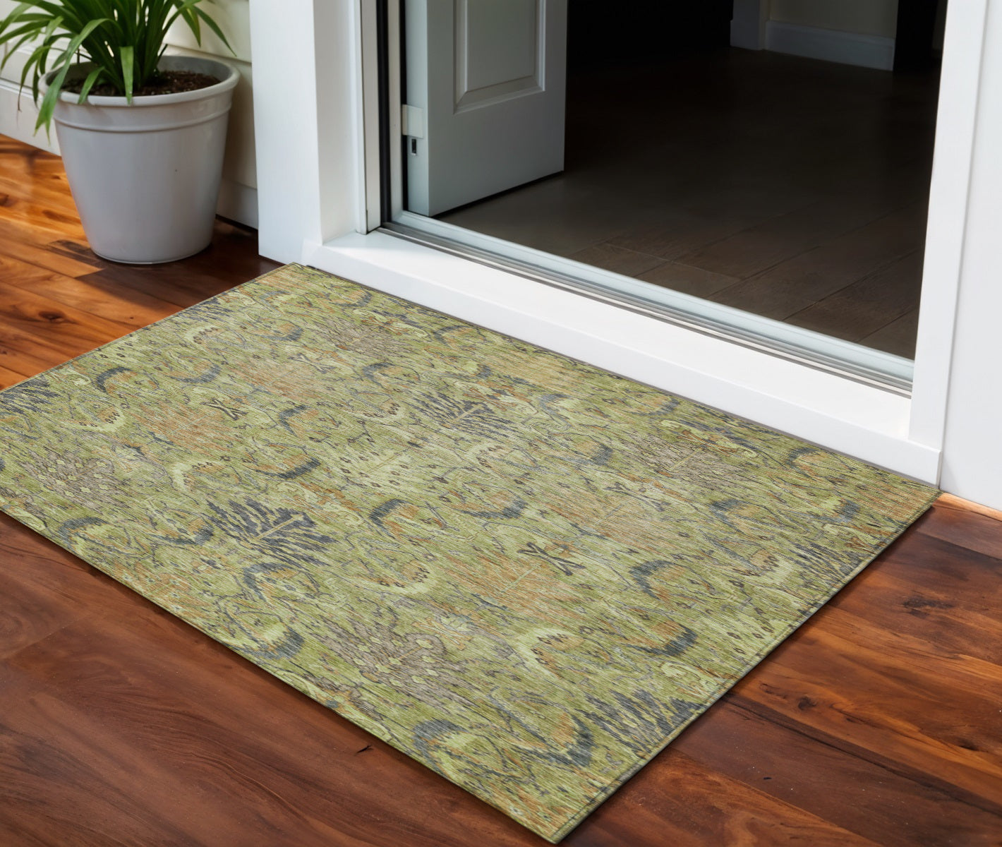 3 X 5 Artichoke Green Gray And Tan Damask Washable Indoor Outdoor Area Rug