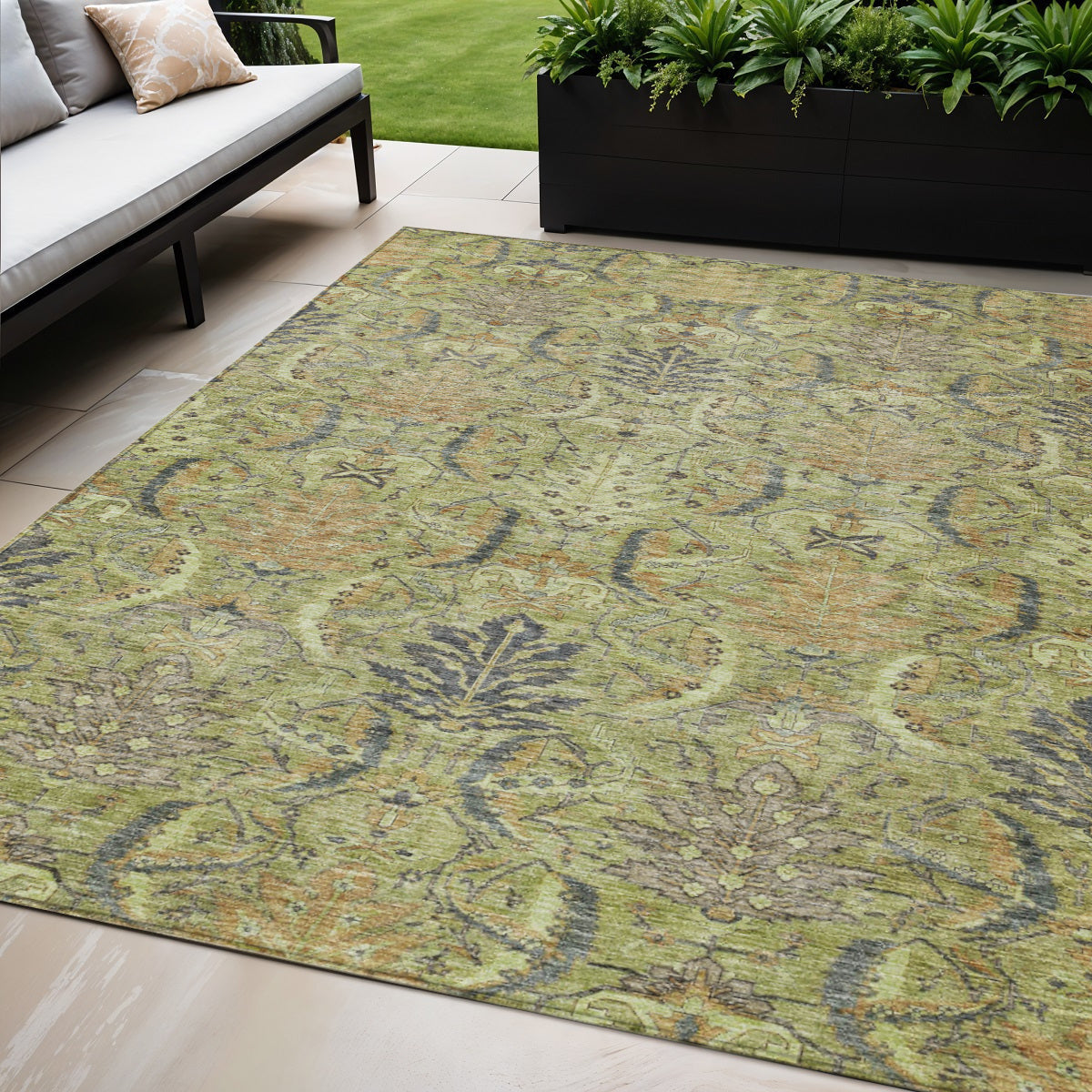 5 X 8 Artichoke Green Gray And Tan Damask Washable Indoor Outdoor Area Rug