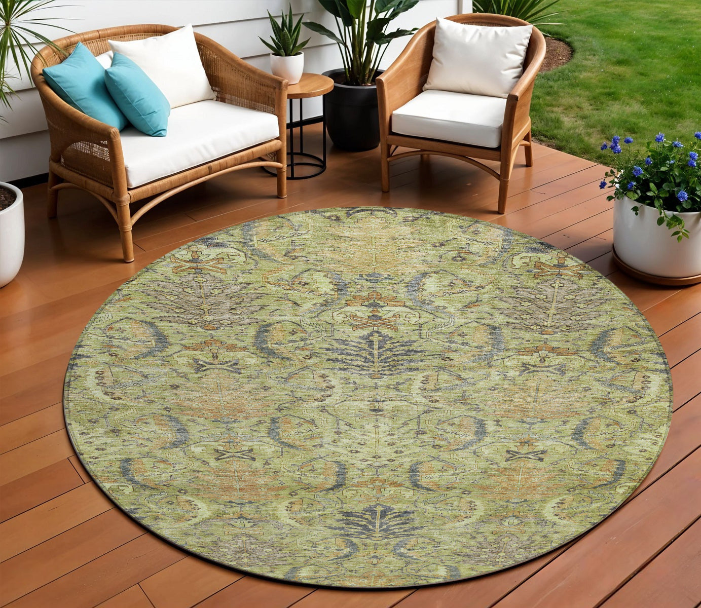 8 Artichoke Green Gray And Tan Round Damask Washable Indoor Outdoor Area Rug