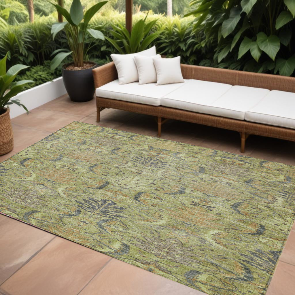 9 X 12 Artichoke Green Gray And Tan Damask Washable Indoor Outdoor Area Rug