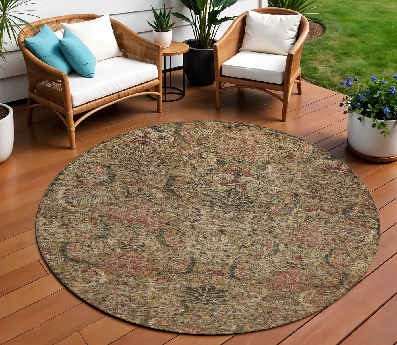 8 Brown Charcoal And Brick Red Round Damask Washable Indoor Outdoor Area Rug