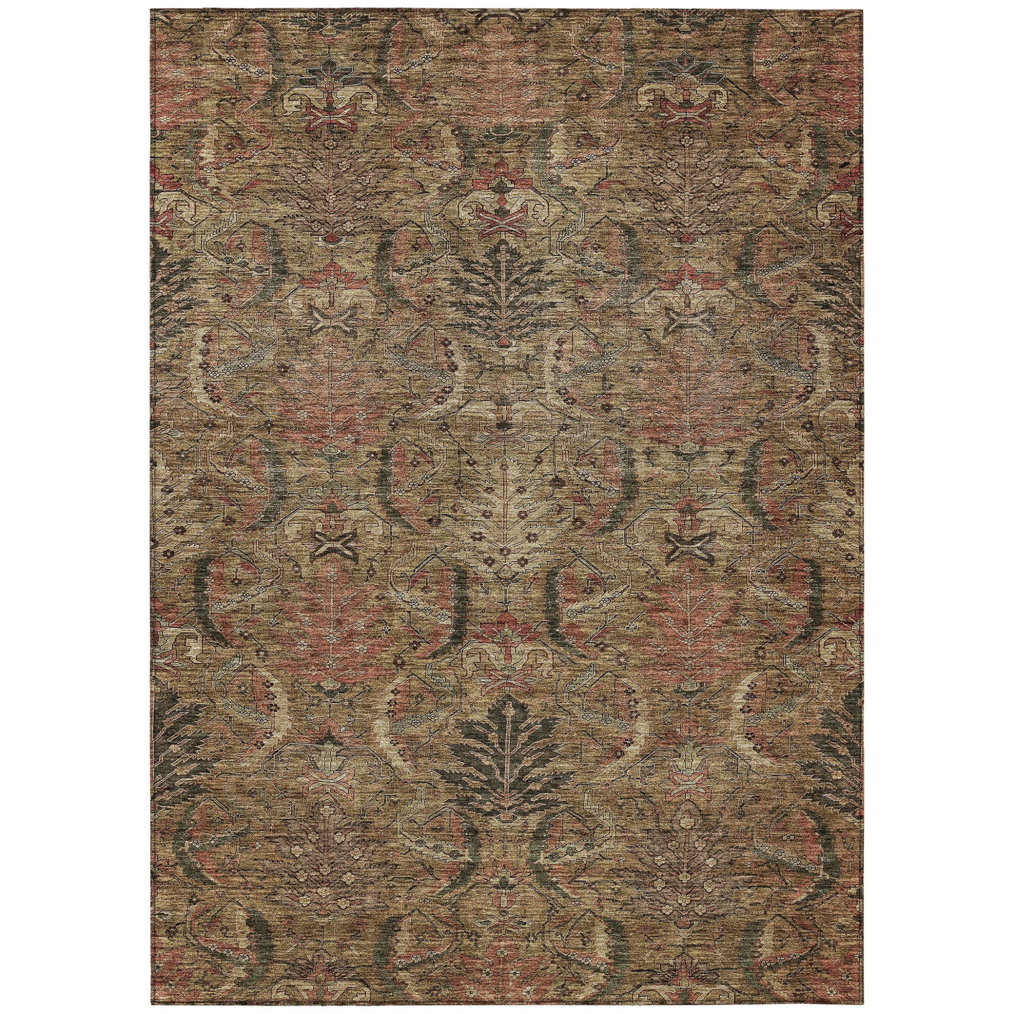 9 X 12 Brown Charcoal And Brick Red Damask Washable Indoor Outdoor Area Rug