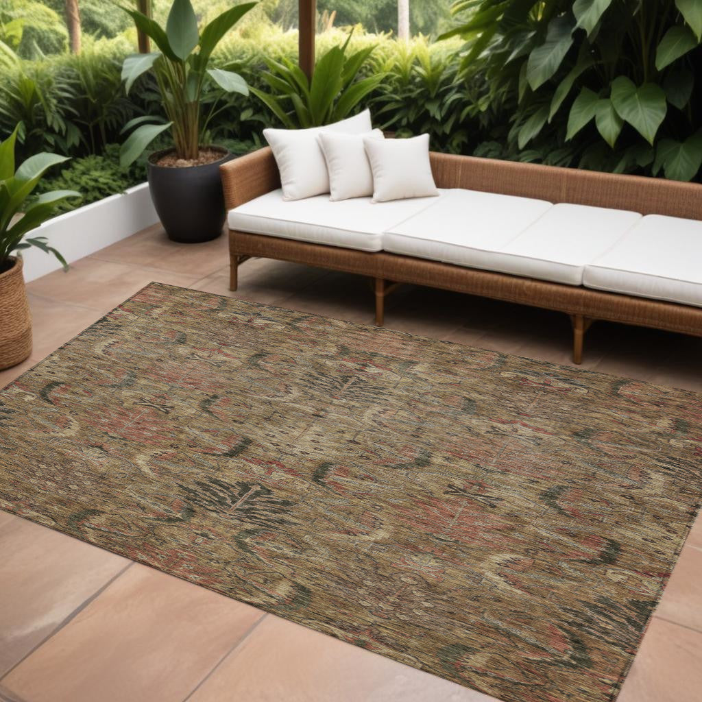 10 X 14 Brown Charcoal And Brick Red Damask Washable Indoor Outdoor Area Rug