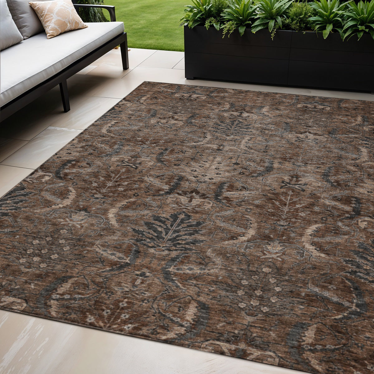 5 X 8 Brown Tan And Charcoal Damask Washable Indoor Outdoor Area Rug