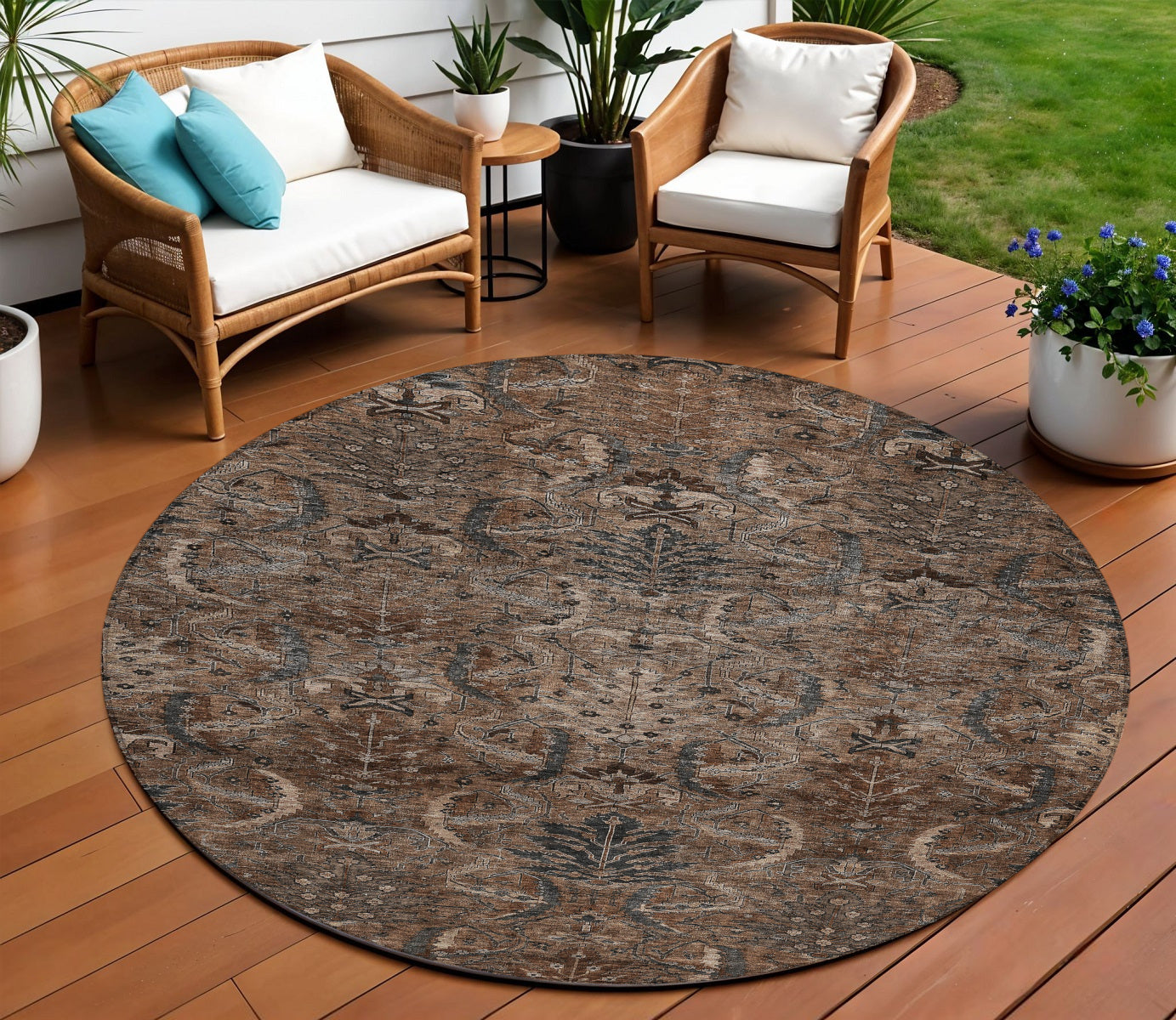 8 Brown Tan And Charcoal Round Damask Washable Indoor Outdoor Area Rug