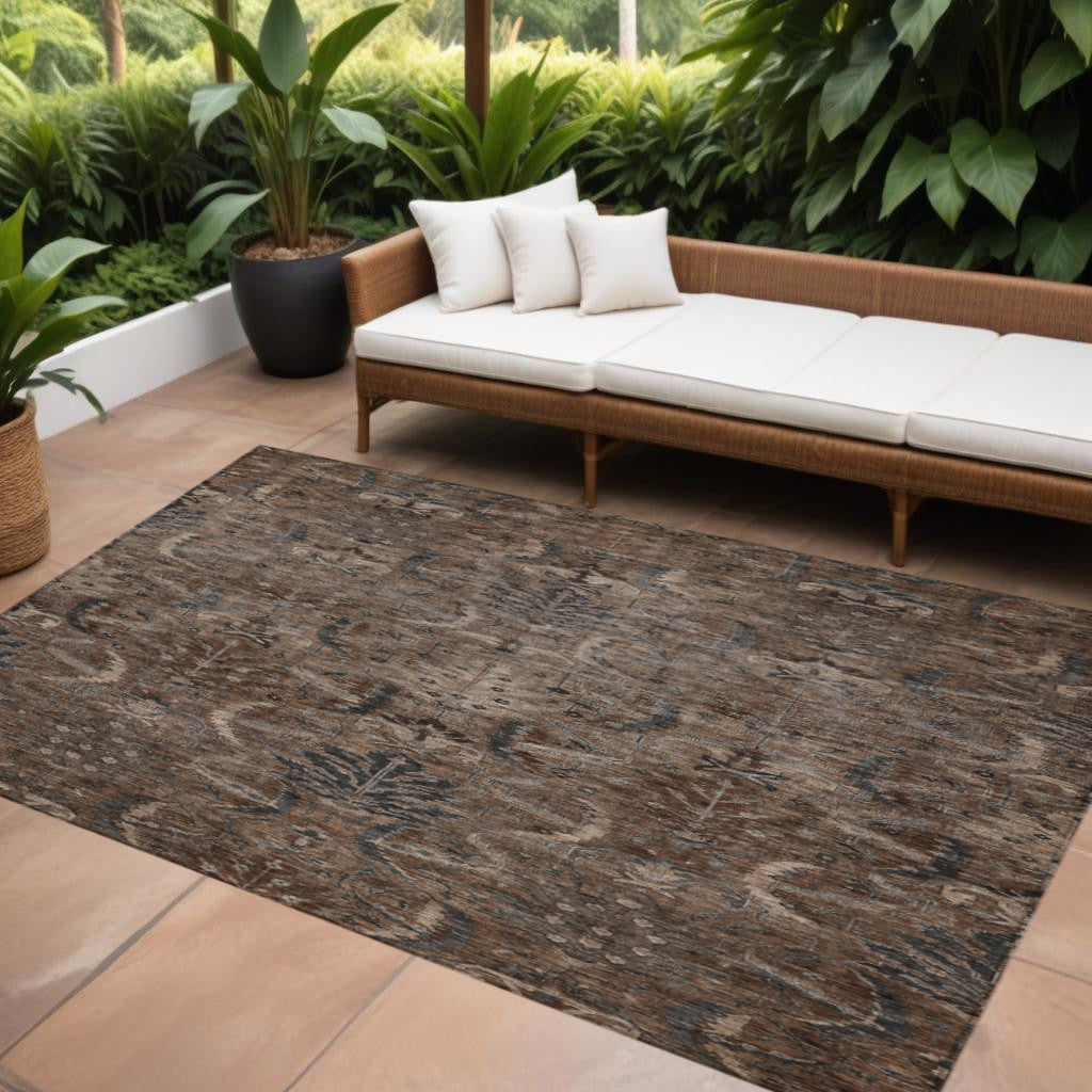 8 X 10 Brown Tan And Charcoal Damask Washable Indoor Outdoor Area Rug