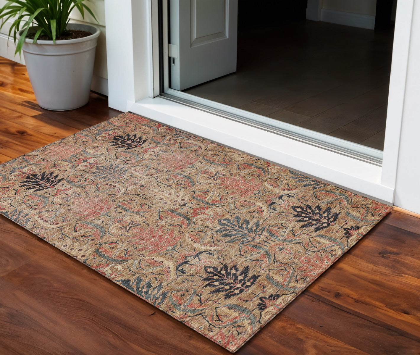 3 X 5 Khaki Terra Cotta And Black Damask Washable Indoor Outdoor Area Rug