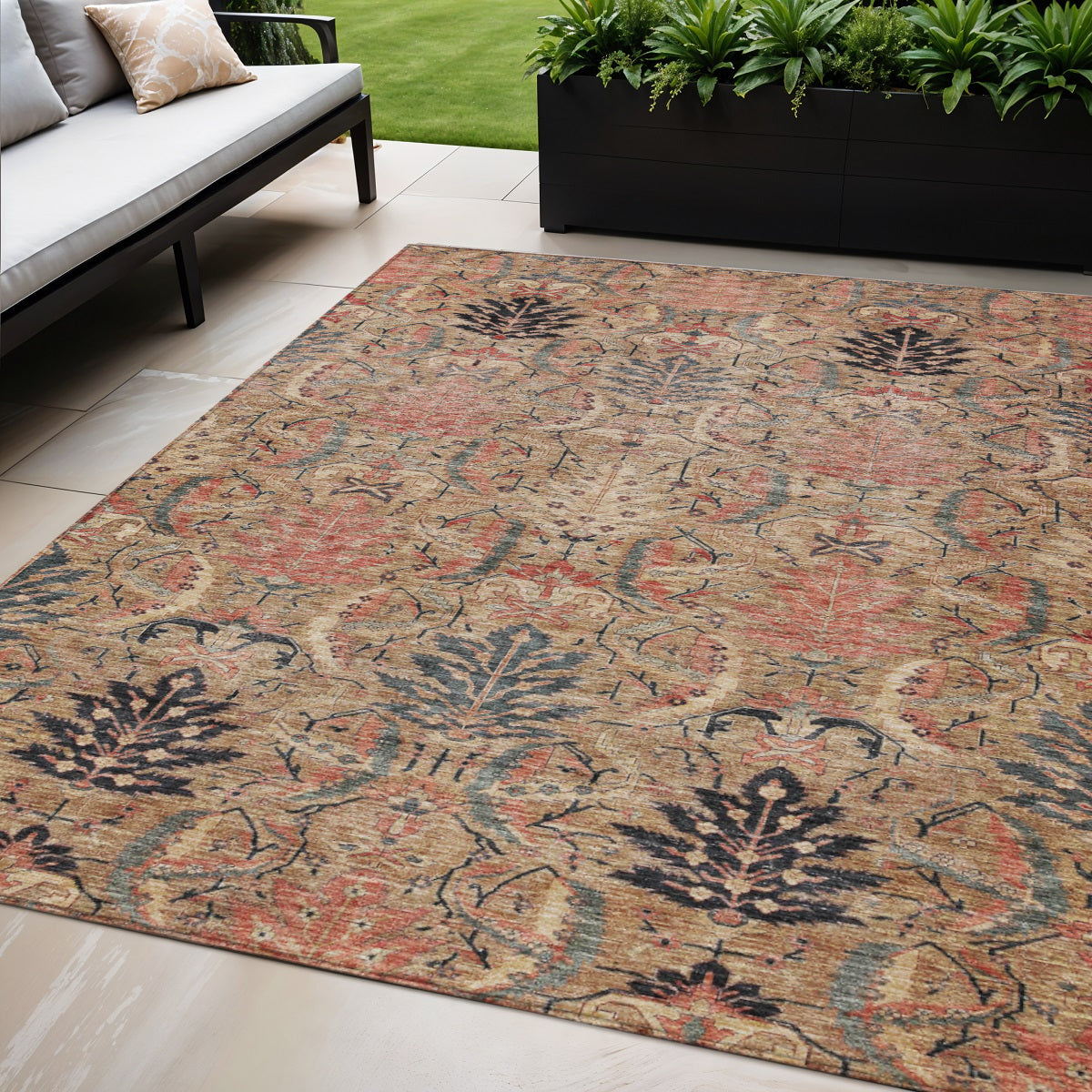 5 X 8 Khaki Terra Cotta And Black Damask Washable Indoor Outdoor Area Rug