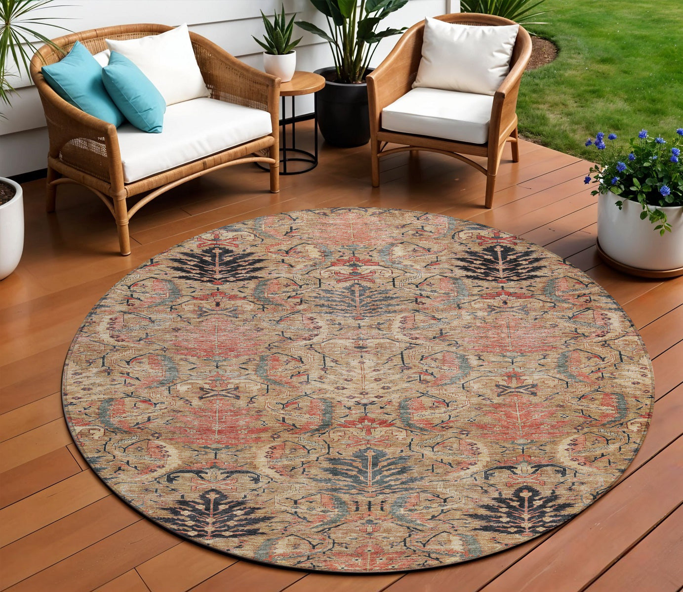 8 Khaki Terra Cotta And Black Round Damask Washable Indoor Outdoor Area Rug