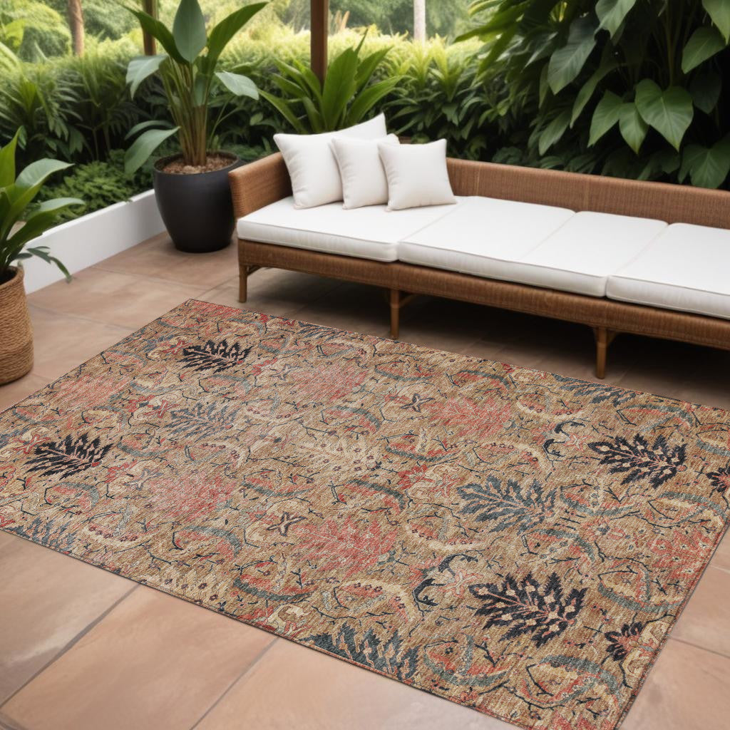 9 X 12 Khaki Terra Cotta And Black Damask Washable Indoor Outdoor Area Rug