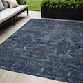 5 X 8 Navy Blue And Charcoal Damask Washable Indoor Outdoor Area Rug