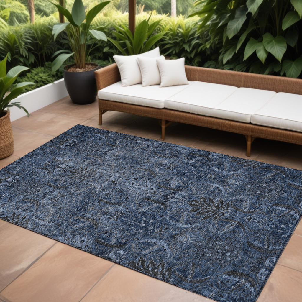 8 X 10 Navy Blue And Charcoal Damask Washable Indoor Outdoor Area Rug