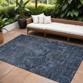 10 X 14 Navy Blue And Charcoal Damask Washable Indoor Outdoor Area Rug