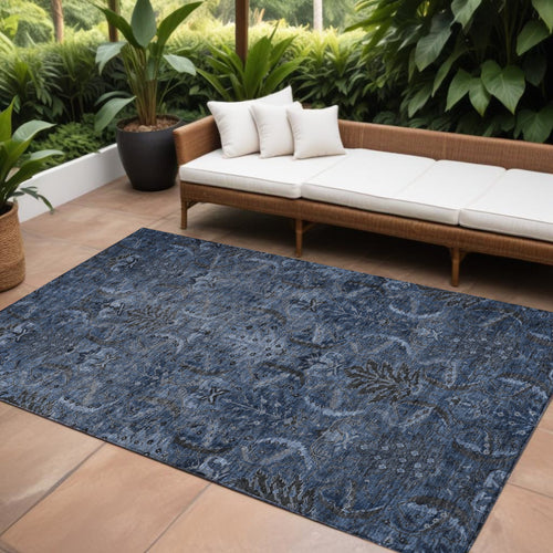 10 X 14 Navy Blue And Charcoal Damask Washable Indoor Outdoor Area Rug