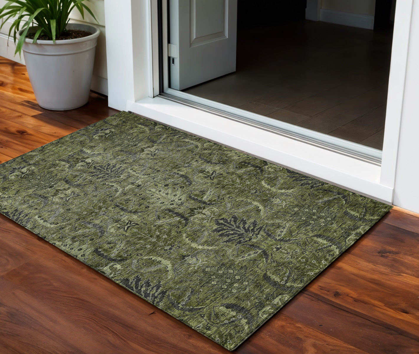3 X 5 Olive Green And Charcoal Damask Washable Indoor Outdoor Area Rug