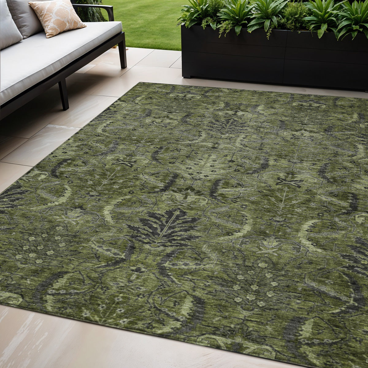 5 X 8 Olive Green And Charcoal Damask Washable Indoor Outdoor Area Rug