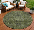 8 Olive Green And Charcoal Round Damask Washable Indoor Outdoor Area Rug