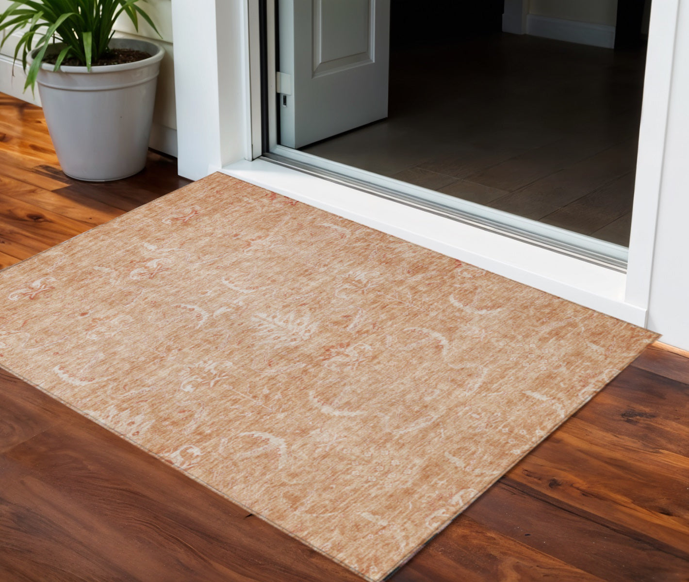 3 X 5 Salmon And Terra Cotta Damask Washable Indoor Outdoor Area Rug