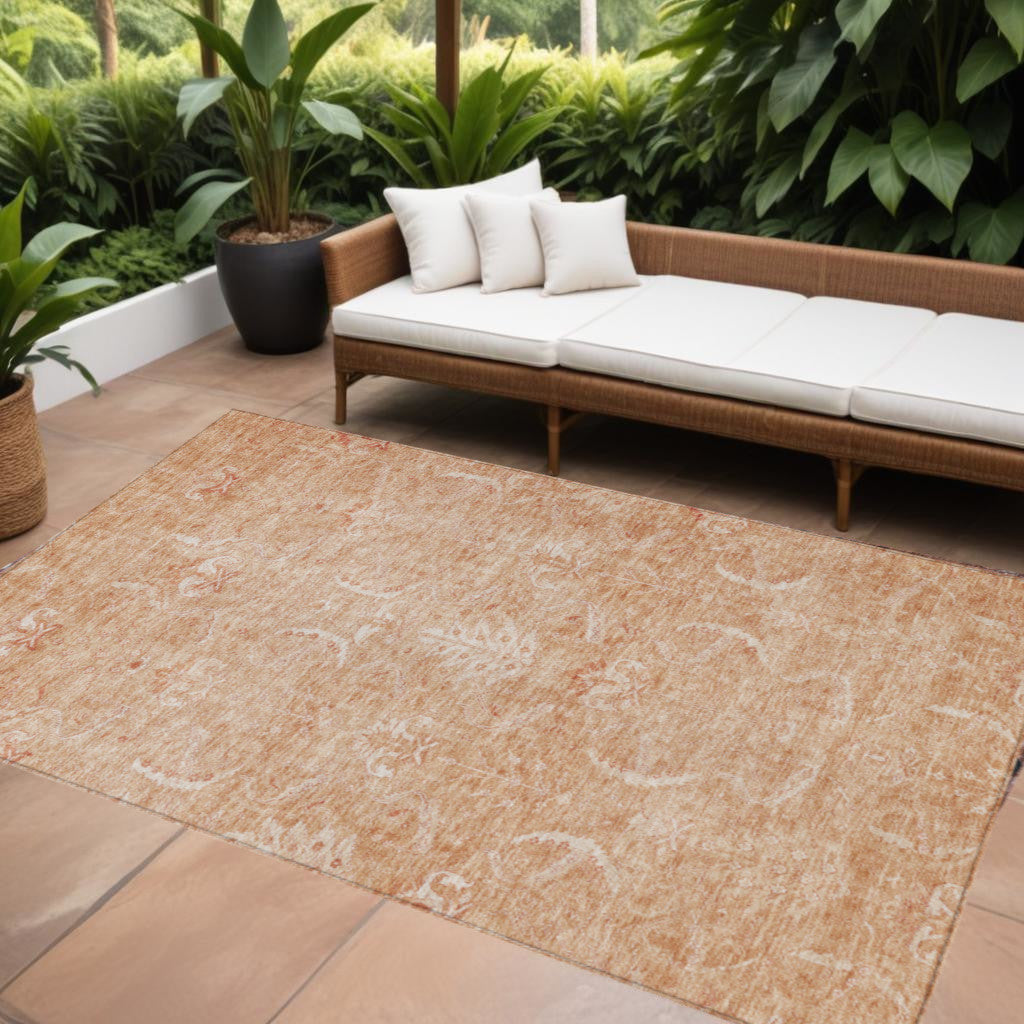 5 X 8 Salmon And Terra Cotta Damask Washable Indoor Outdoor Area Rug