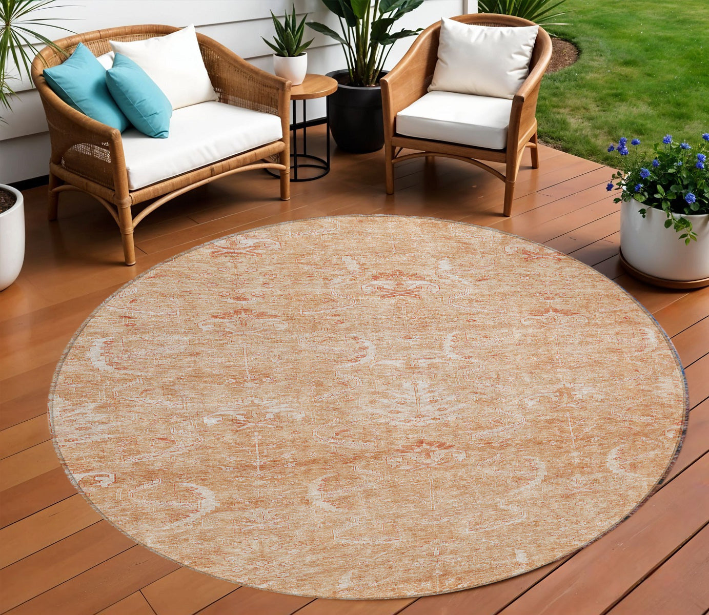 8 Salmon And Terra Cotta Round Damask Washable Indoor Outdoor Area Rug