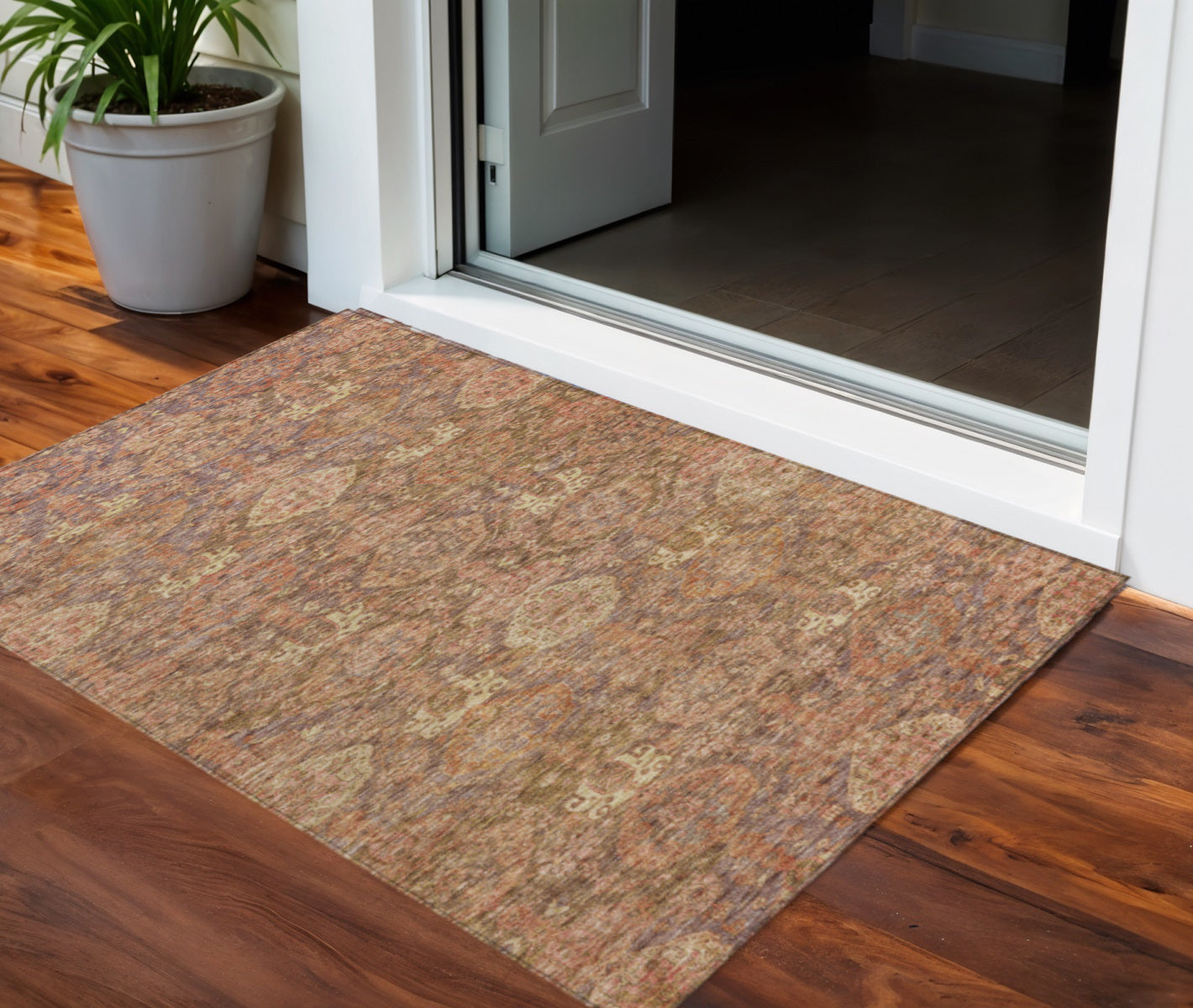 3 X 5 Brown And Tan Damask Washable Indoor Outdoor Area Rug