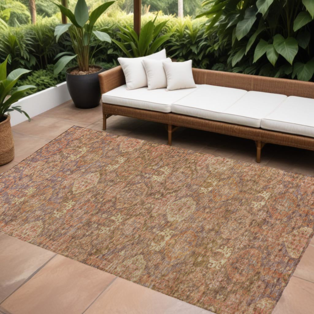 5 X 8 Brown And Tan Damask Washable Indoor Outdoor Area Rug