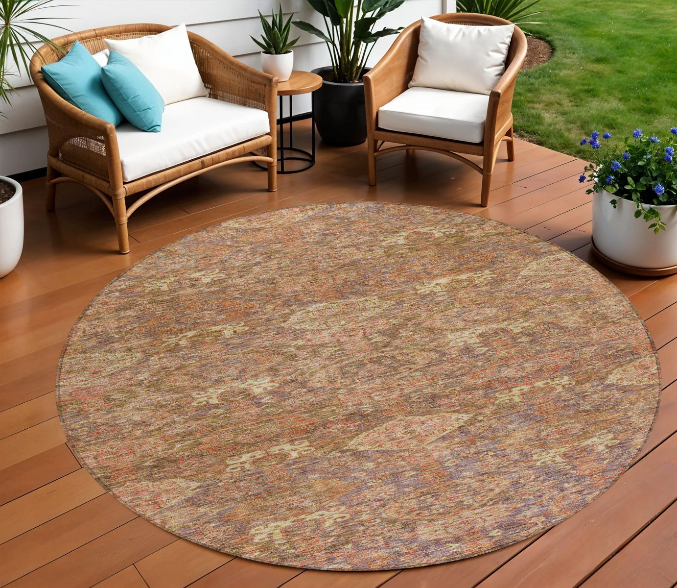 8 Brown And Tan Round Damask Washable Indoor Outdoor Area Rug