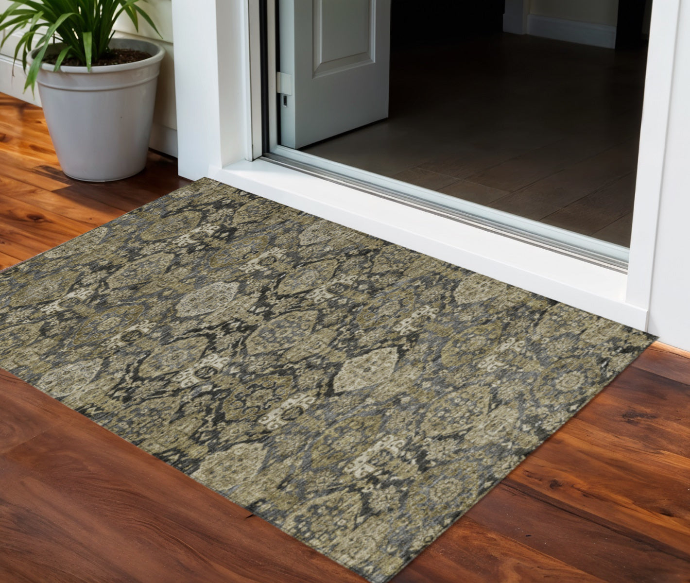 3 X 5 Charcoal And Beige Damask Washable Indoor Outdoor Area Rug