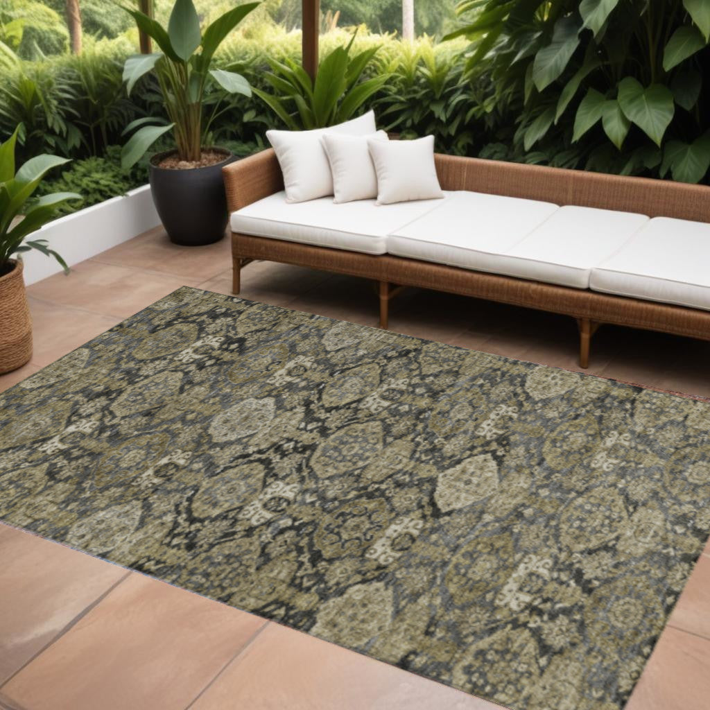 5 X 8 Charcoal And Beige Damask Washable Indoor Outdoor Area Rug