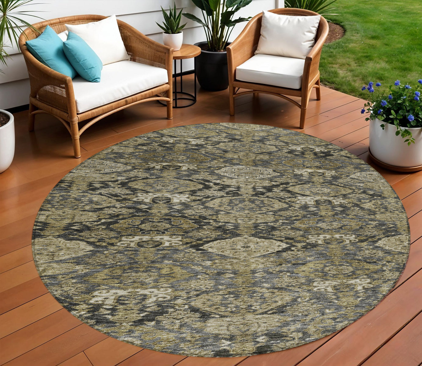 8 Charcoal And Beige Round Damask Washable Indoor Outdoor Area Rug