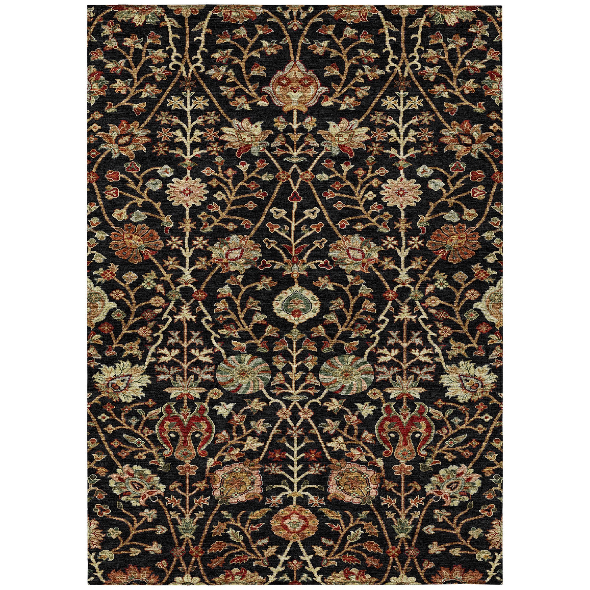 5 X 8 Black Brown And Red Floral Washable Indoor Outdoor Area Rug