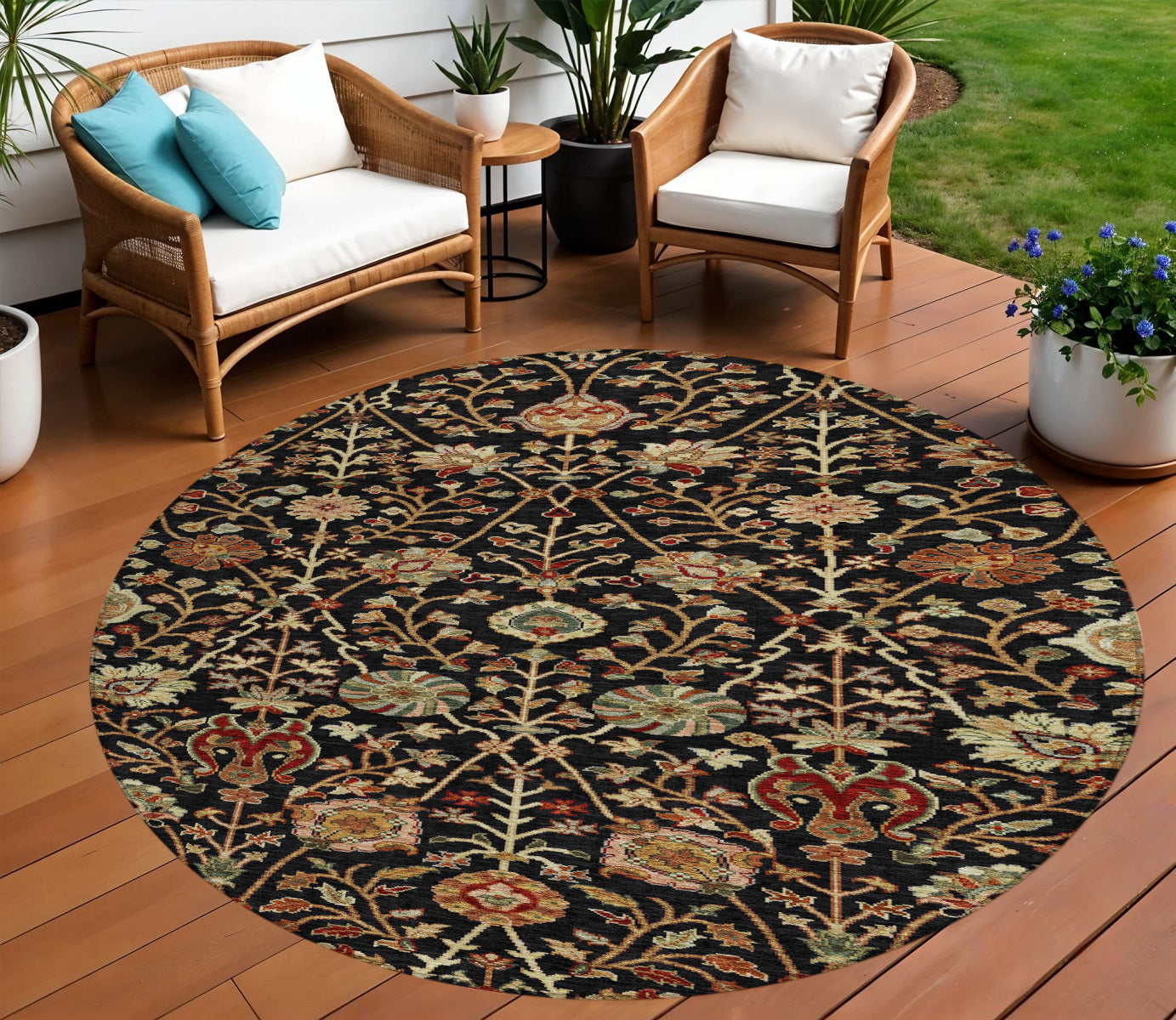 8 Black Brown And Red Round Floral Washable Indoor Outdoor Area Rug