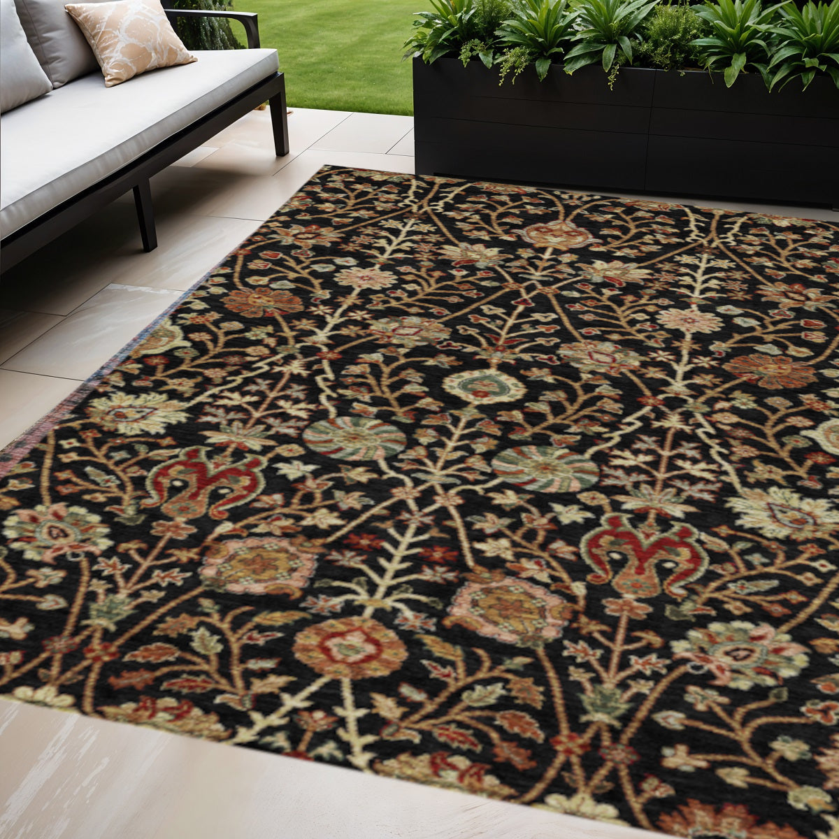 10 X 14 Black Brown And Red Floral Washable Indoor Outdoor Area Rug